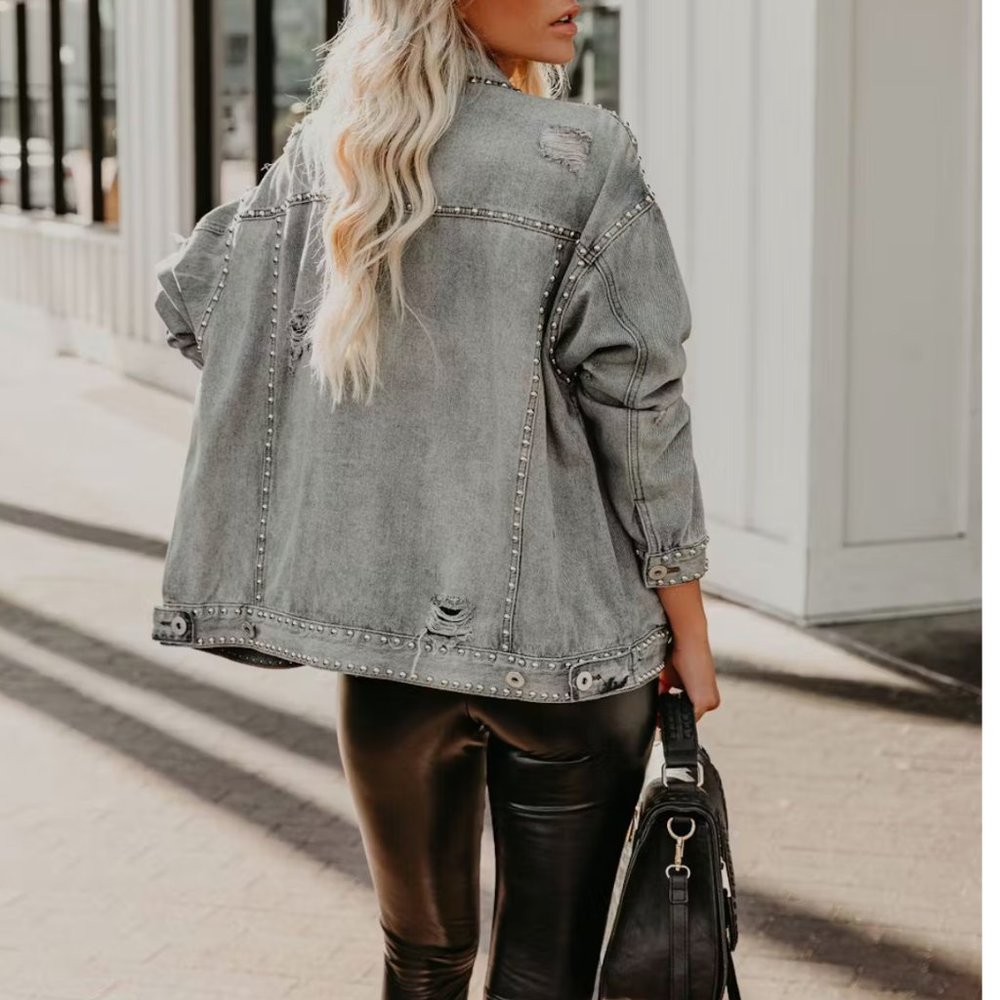 Vici Grey Distressed Studded Denim Jean Jacket - Picture 4 of 13